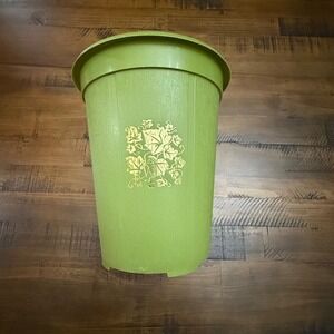 Vintage 70s Avocado Green Trash Can Gold Accent Home Decor Waste Basket